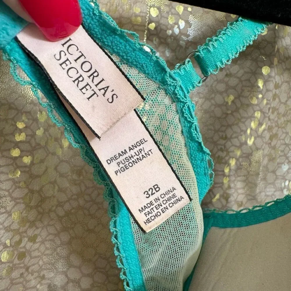 Victorias Secret Teal Lace Rhinestone Dream Angels‎ Push Up Bra 32B